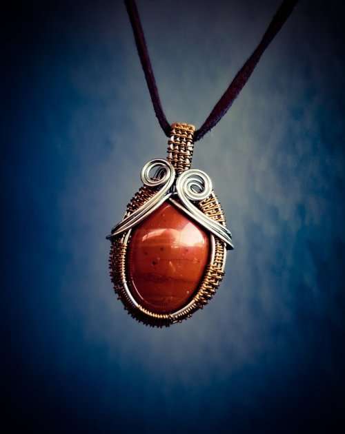 Red Jasper In Enameled Copper and Silver Copper Wire Pendant Necklace