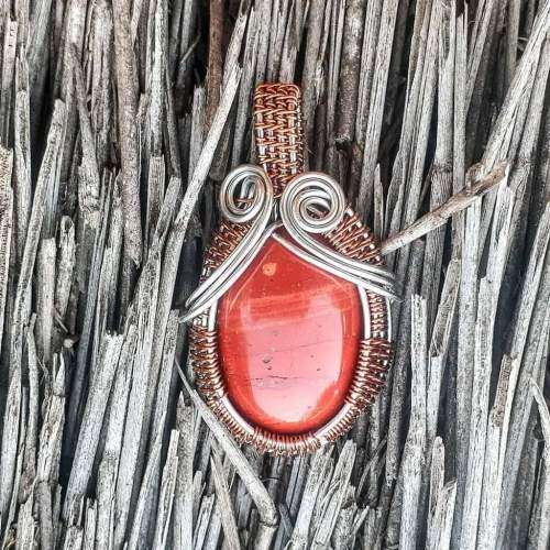 Red Jasper In Enameled Copper and Silver Copper Wire Pendant Necklace