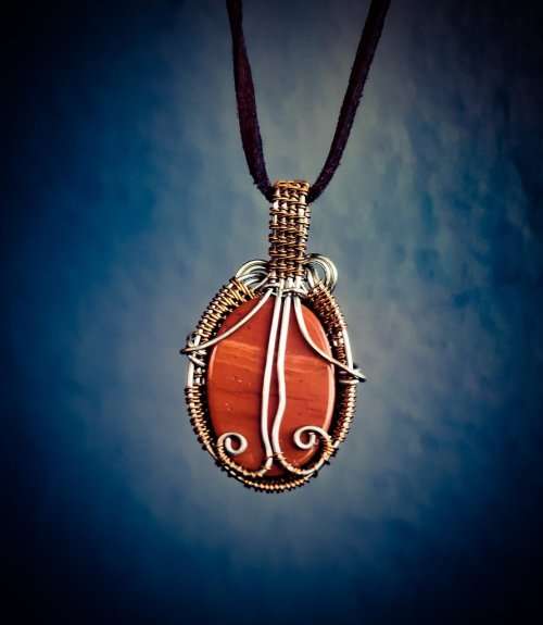 Red Jasper In Enameled Copper and Silver Copper Wire Pendant Necklace