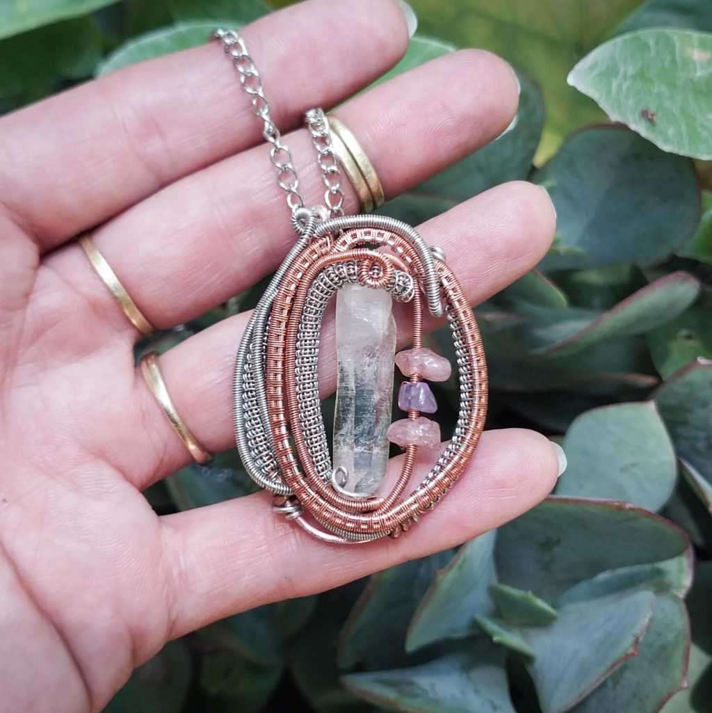 Clear Quartz With Strawberry Quartz & Amethyst Chips in Copper & Silver Coloured Copper Pendant