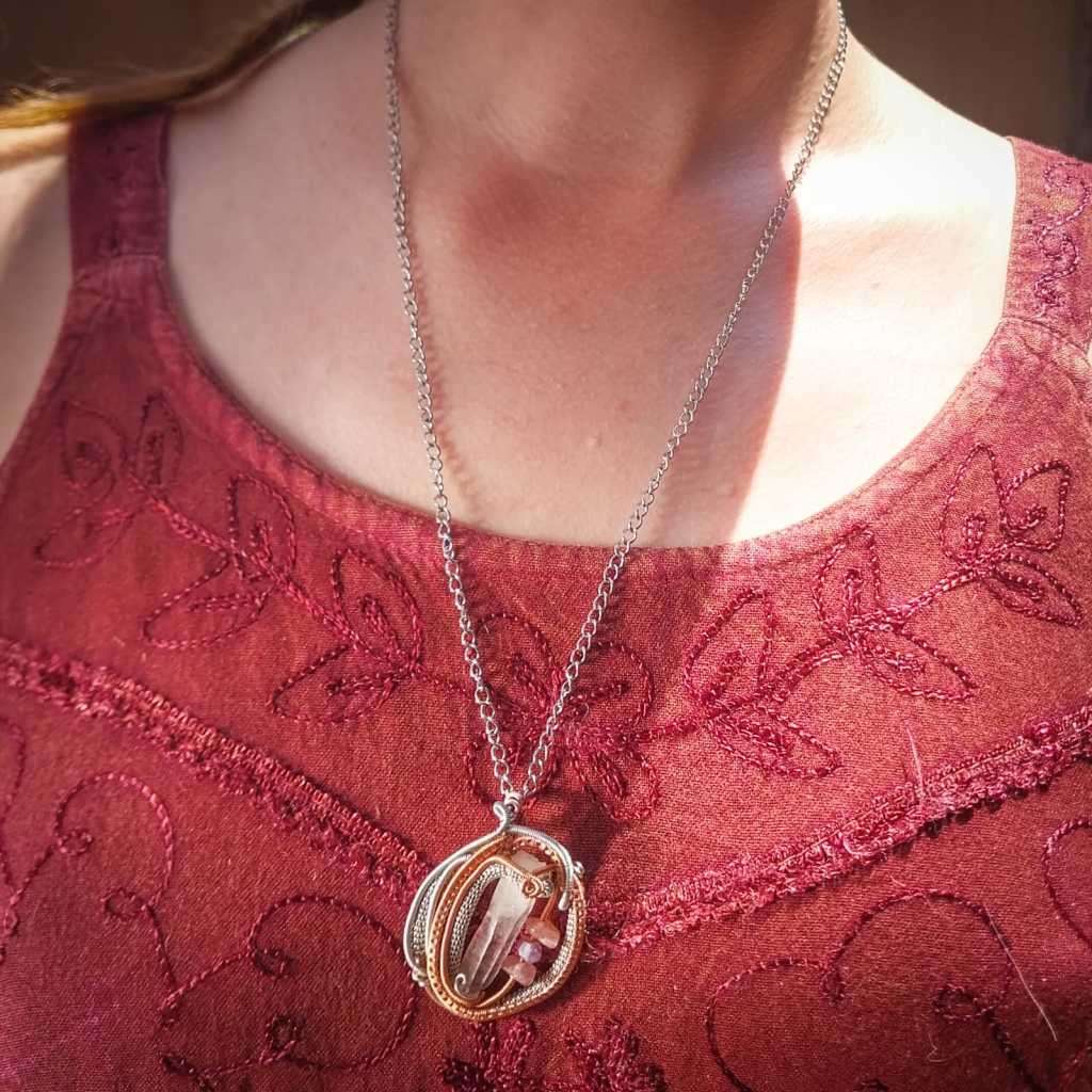 Clear Quartz With Strawberry Quartz & Amethyst Chips in Copper & Silver Coloured Copper Pendant