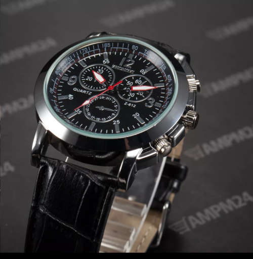 Men's Black Dial Leather Band  Sport Analog Quartz Wrist Watch