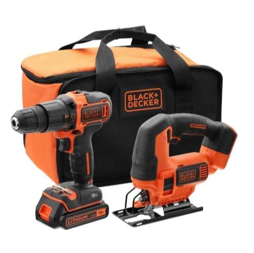 BLACK+DECKER 18V Cordless Hammer Drill + Jigsaw +1 Batteries +BAG