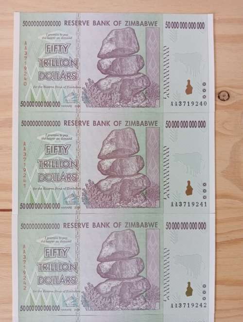 Set of 5 x 50 Trillion Zimbabwe Dollar Notes AA Series UNC
