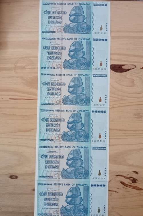 Set of 6 x 100 Trillion Zimbabwe Dollar Notes AA Series UNC