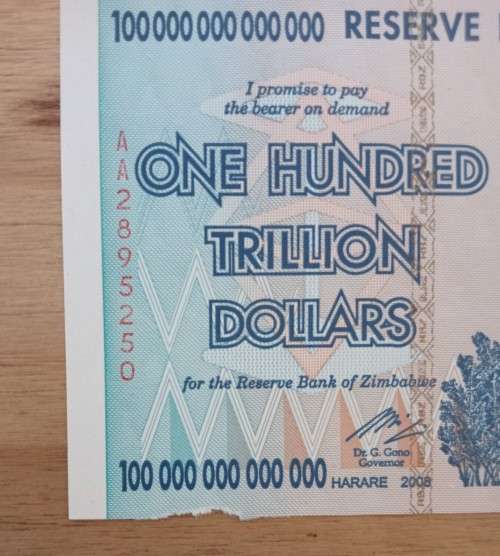 Set of 6 x 100 Trillion Zimbabwe Dollar Notes AA Series UNC