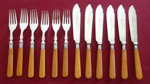 Set of six bone handle fish knives and forks - silver collars