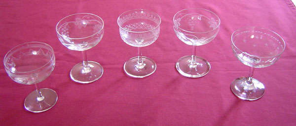 Collection of five old time champagne glasses