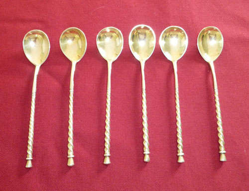 Set of six Russian silver and niello teaspoons
