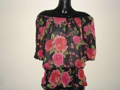 Hot Black Summer Top with Pink Roses (Size S-M)