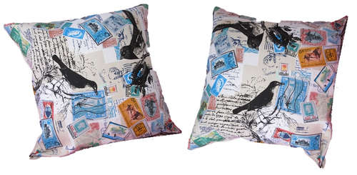 PAIR OF STAMP/BIRD CUSHIONS