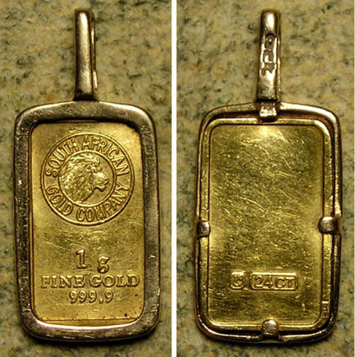 South African Gold Company 1 gm Fine Gold Bar Mounted in Gold Frame as a Pendant
