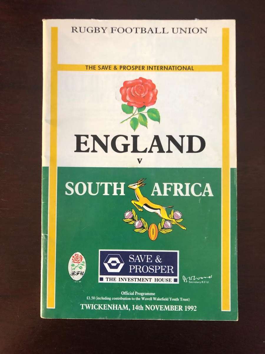 1992 England vs South Africa rugby test match day programme