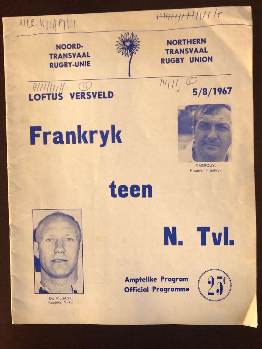1967 Northern Transvaal vs France rugby match day programme