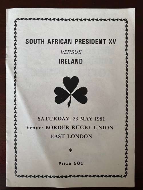 Official Matchday Rugby Programme- SA President XV vs Ireland 1981