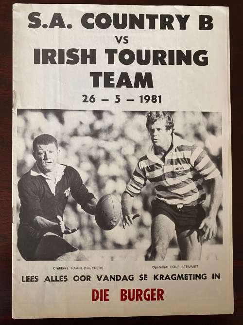 Official Matchday Rugby Programme - SA Country B vs Ireland 1981