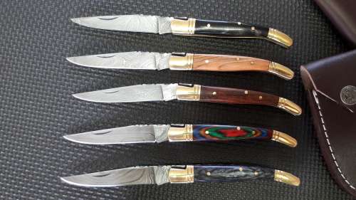 DAMASCUS Hand Made Foldable Laguiole style knives, BID PER KNIFE, 5 Available, Leather incl