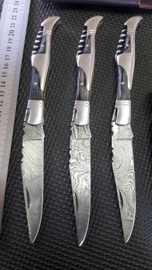 DAMASCUS Hand Made Foldable Laquiole style knives, Leather Sheath available. 3 Avail, bid per knife.