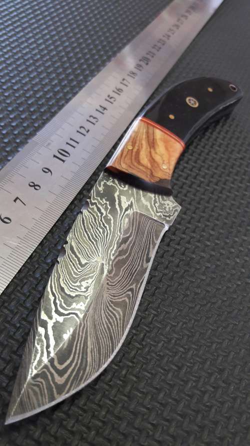 Hand Made Damascus Steel Knife, BULL HORN and WOOD handle scales, Leather Sheath incl