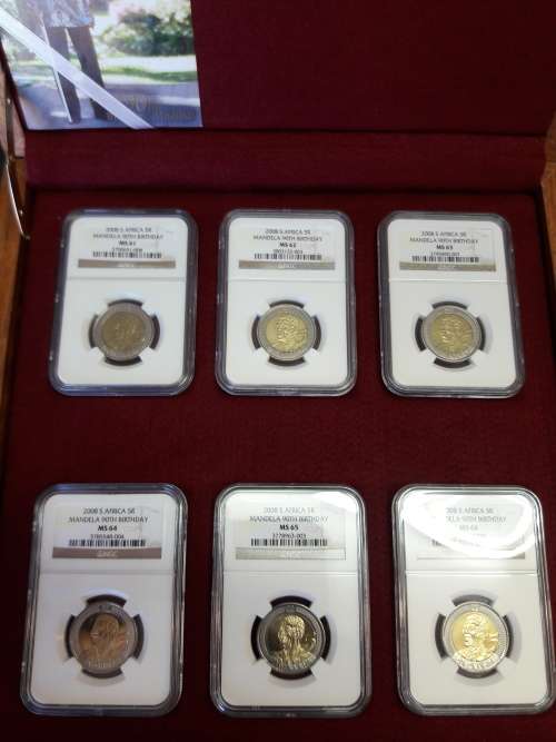 Mandela 90th Birthday 2008 R5 NGC graded, 6 Piece set, MS61-MS66, Wooden box NOT included.
