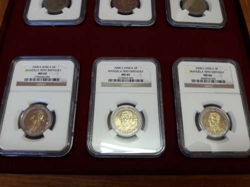 Mandela 90th Birthday 2008 R5 NGC graded, 6 Piece set, MS61-MS66, Wooden box NOT included.