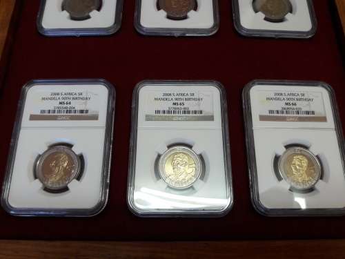 Mandela 90th Birthday 2008 R5 NGC graded, 6 Piece set, MS61-MS66, Wooden box NOT included.
