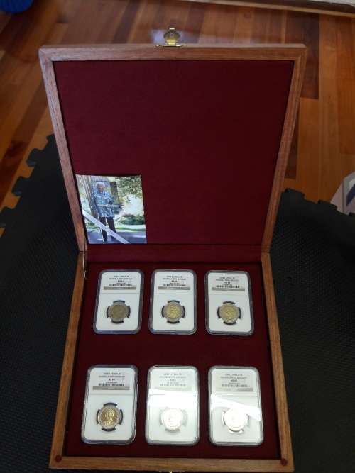 Mandela 90th Birthday 2008 R5 NGC graded, 6 Piece set, MS61-MS66, Wooden box NOT included.