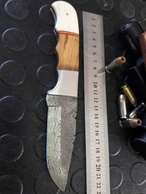 Handmade DAMASCUS Steel Knife, Camel Bone and wooden handle scales. Crazy R1 start, No reserve.