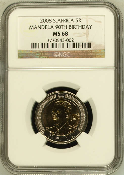 MS68 Mandela 90th Birthday R5 graded by NGC, very high value coin. HIGH Grade !