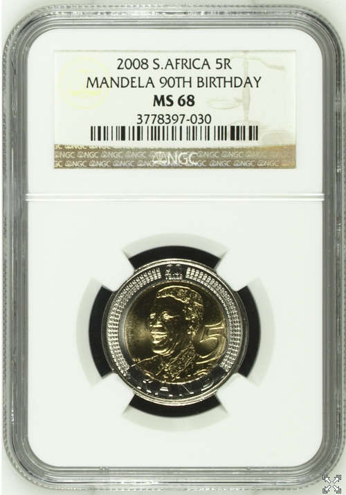 Mandela Super High Grade 90th Birthday R5 MS68 by NGC, very high value coin.
