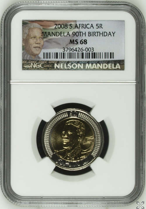 Mandela 90th Birthday R5 NGC Graded MS68, second highest grade, very low population.