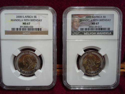 Mandela 90th Birthday Old and NEW label, both MS67 by NGC, display case not included.