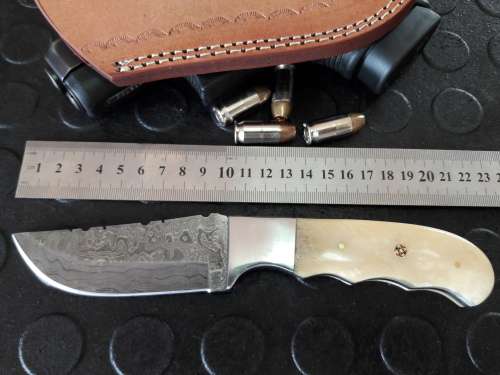 Handmade DAMASCUS Steel Knife, Camel Bone handle. Crazy R1 start, No reserve.