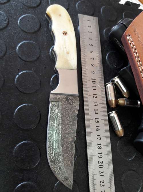 Handmade DAMASCUS Steel Knife, Camel Bone handle. Crazy R1 start, No reserve.