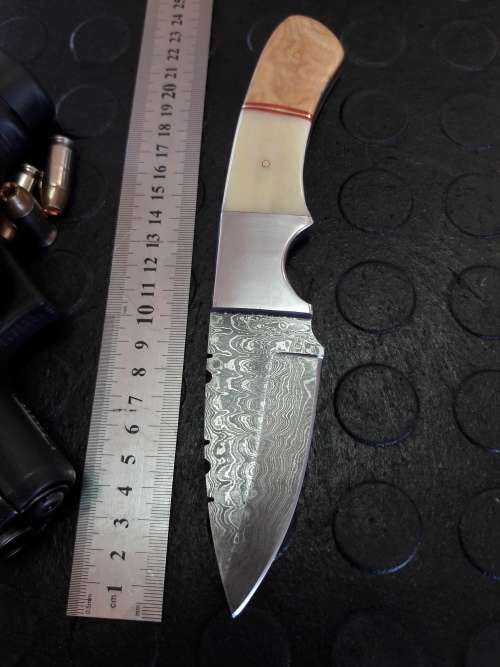 Handmade DAMASCUS Steel Knife, Camel Bone and wooden handle scales. Crazy R1 start, No reserve.