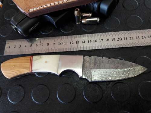 Handmade DAMASCUS Steel Knife, Camel Bone and wooden handle scales. Crazy R1 start, No reserve.
