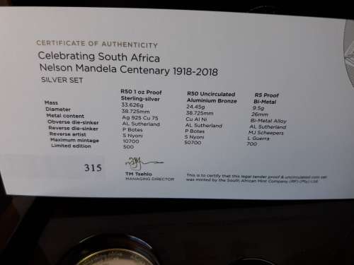 ***RARE***Nelson Mandela Centenary SET 1918 -2018 as issued by SA Mint. No reserve auction.