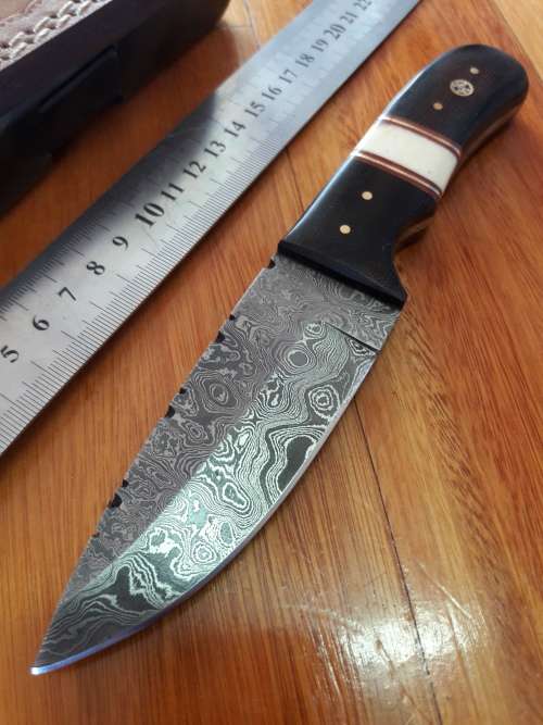 Handmade DAMASCUS Steel Knife, MICARTA and Camel Bone handle scales. Crazy R1 start, No reserve.