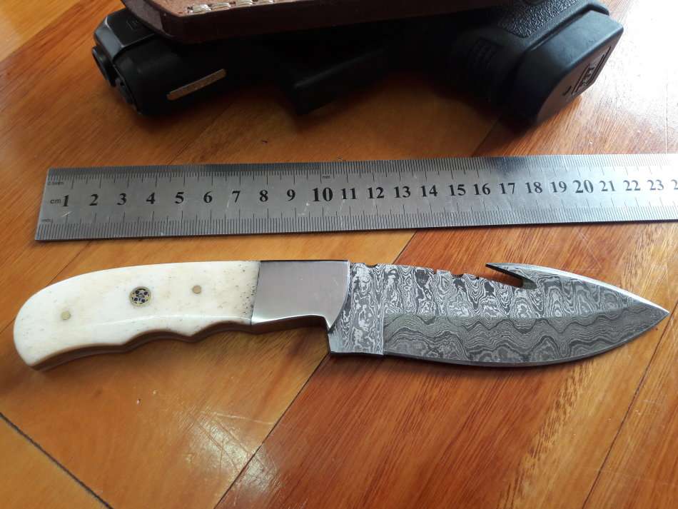 Handmade DAMASCUS Steel Knife, Camel Bone handle scales and gut hook.  Crazy R1 start, No reserve.