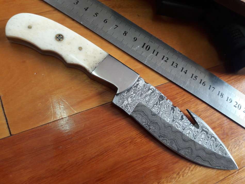 Handmade DAMASCUS Steel Knife, Camel Bone handle scales and gut hook.  Crazy R1 start, No reserve.