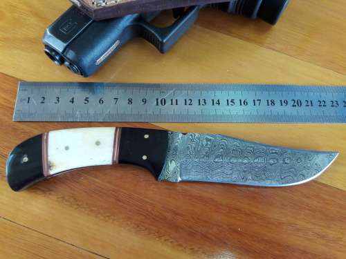 Handmade DAMASCUS Steel Knife, Camel Bone and Bull horn handle scales. Crazy R1 start, No reserve.