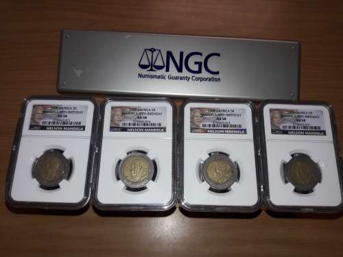 Mandela 90th Birthday R5 graded by NGC, AU 58, 20 Available, BID PER COIN.NGC Container NOT INCLUDED