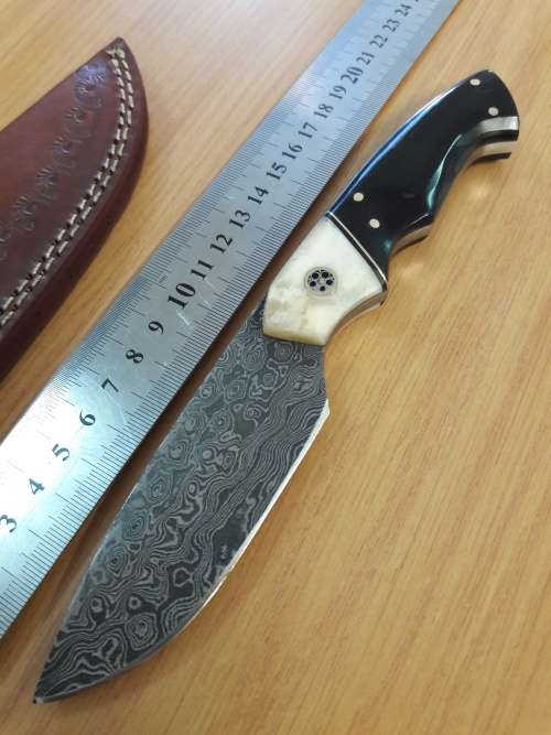 Handmade DAMASCUS Steel Knife, Bull horn and Camel Bone handle scales. NEW DESIGN !!!!!