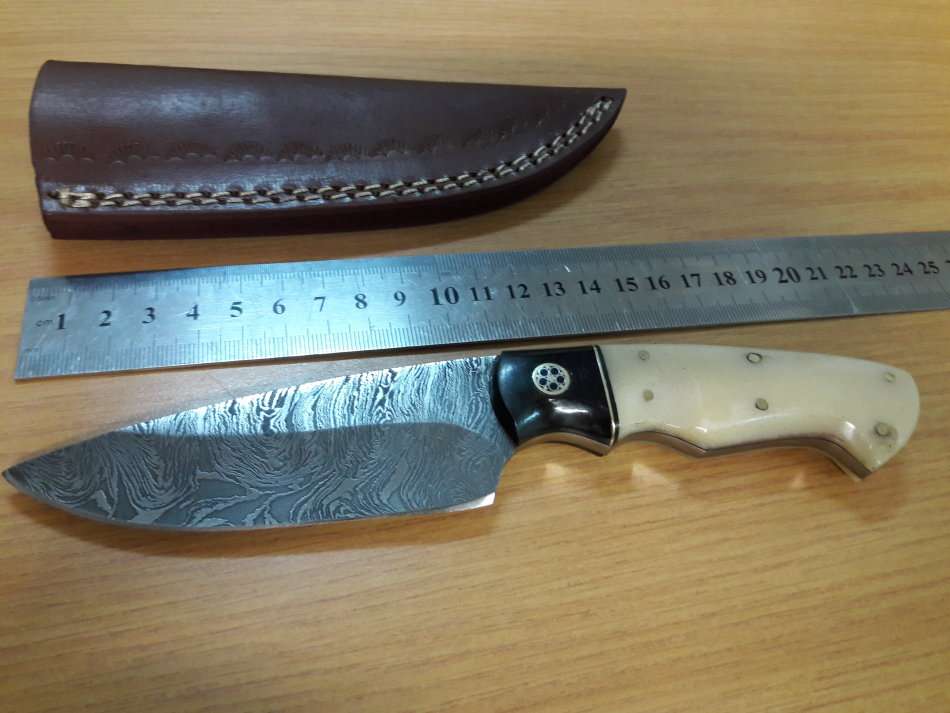 Handmade DAMASCUS Steel Knife, Bull horn and Camel Bone handle scales. NEW DESIGN !!!!