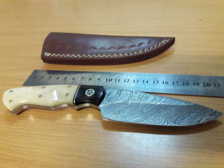 Handmade DAMASCUS Steel Knife, Bull horn and Camel Bone handle scales. NEW DESIGN !!!!