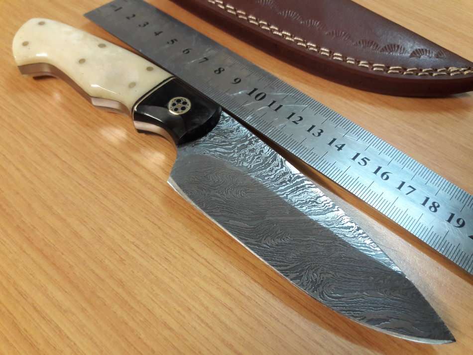 Handmade DAMASCUS Steel Knife, Bull horn and Camel Bone handle scales. NEW DESIGN !!!!