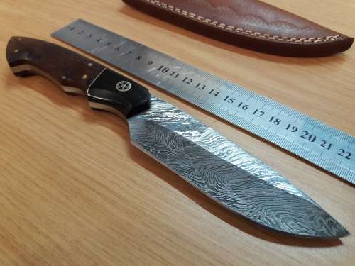 Handmade DAMASCUS Steel Knife, Bull Horn and Wooden handle. BRAND NEW DESIGN !