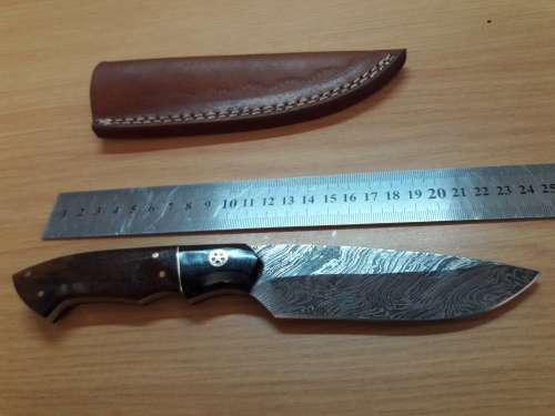 Handmade DAMASCUS Steel Knife, Bull Horn and Wooden handle. BRAND NEW DESIGN !