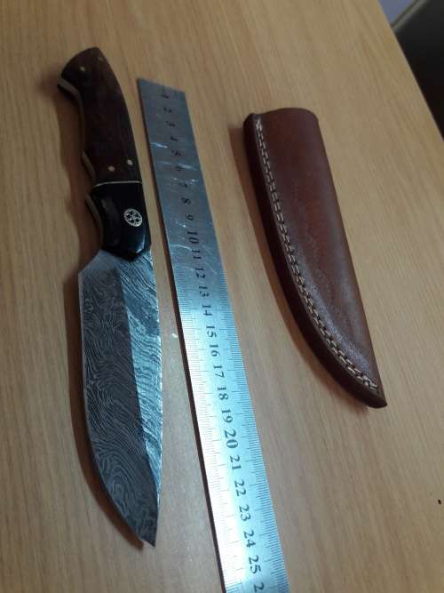 Handmade DAMASCUS Steel Knife, Bull Horn and Wooden handle. BRAND NEW DESIGN !