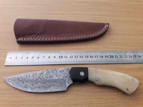 Handmade DAMASCUS Steel Hunting Knife, Bull horn and Camel Bone handle scales. NEW DESIGN !!!!!